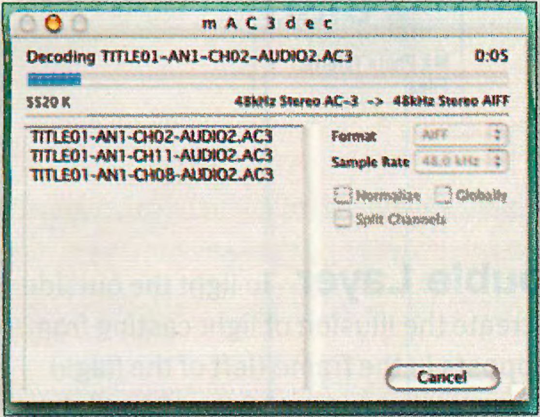 Screenshot of the mAC3dec app showing a progress bar and a list of files.