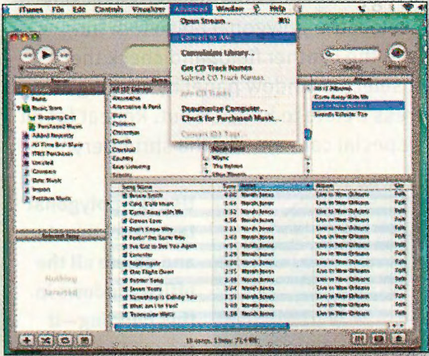 Screenshot iTunes with the Advanced menu open and the Convert to MP3 menu item selected.