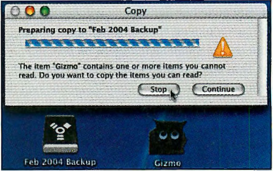 A screenshot the Finder Copy alert with an error message: "The item Gizmo contains one or more items you cannot read. Do you want to dopy the items you can read?"