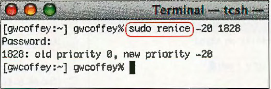 The Terminal window with the "renice" command above typed in. It shows the message "1828: old priority 0, new priority 20".