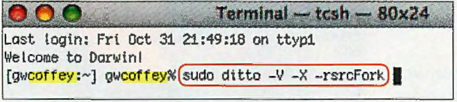 A screenshot of the Terminal window showing the prompt "gwcoffey %" and then this command outlined in red: "sudo ditto -V -X -rsrcFork".