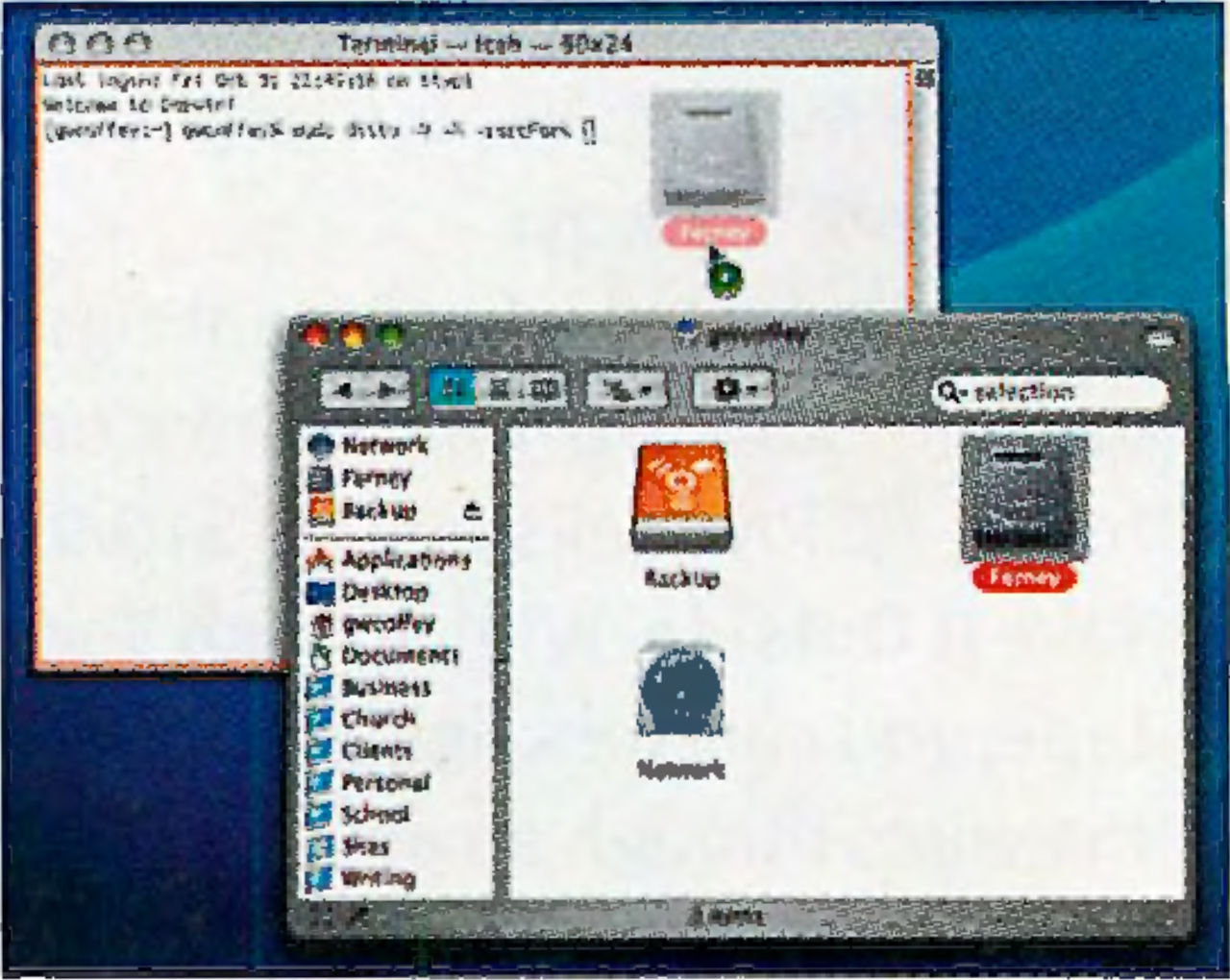 A screenshot showing two windows. The terminal window and, infront of it, a finder window. The user in dragging the hard drive from the finder window into the terminal.