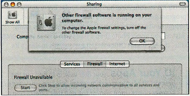 A screenshot of an error message that reads "Other firewall software is running on your computer. To change the Apple firewall settings, turn off the other firewall software.