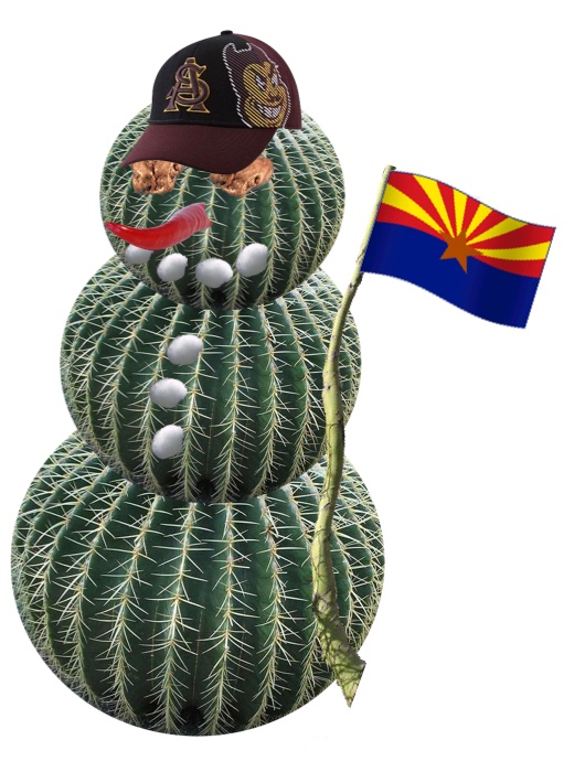 A collage digital image of a snow-person, but instead of snow it is made of three progressively larger barrel cacti. It holds an Arizona flag and wears an ASU baseball cap. Its eyes are nuggets of gold. Its nose is a long red chili pepper. And its shirt-buttons are cotton bolls.