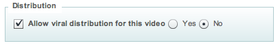 A screenshot of a control on a web page. It has a checkbox with the label "Allow viral distribution for this video". Next to the label there are also two radio buttons labeled "Yes" and "No".