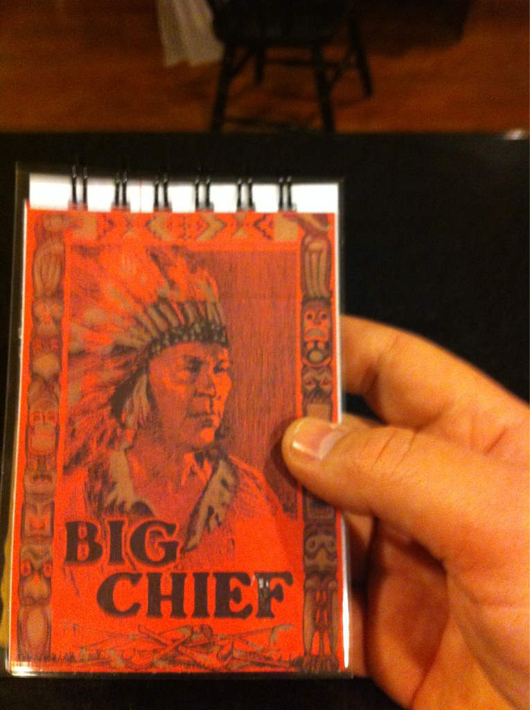 A small spiral bound notebook with the "Big Chief" cover artwork printed and pasted over the cover.