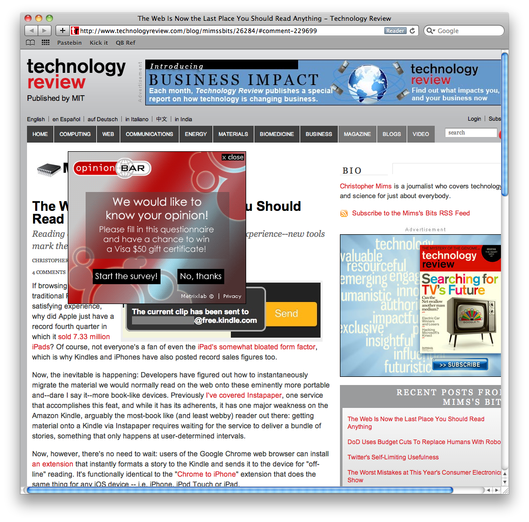 A screenshot of a browser window showing an article from technologyreview.com. Most of the article text is obscured by a floating ad image with a tiny hard-to-spot close button.