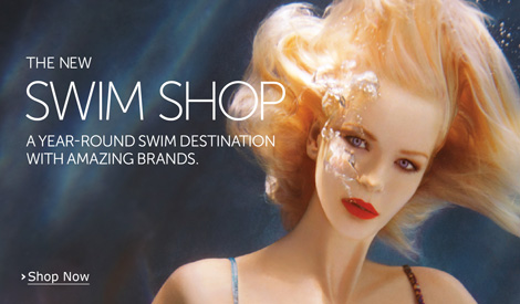 An advertisemnt for "the new swimshop" showing a pale dead-faced woman in makeup photogaphed under water. Her hair floats strangely around her head.