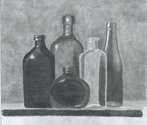 A shaded pencil drawing five glass bottles of various sizes and shapes sitting on a shelf.