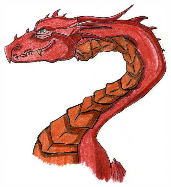 A colored-pencil drawing of a dragon's head and neck. The dragon has bright red skin and large orange overlapping scales on the underside of its neck.