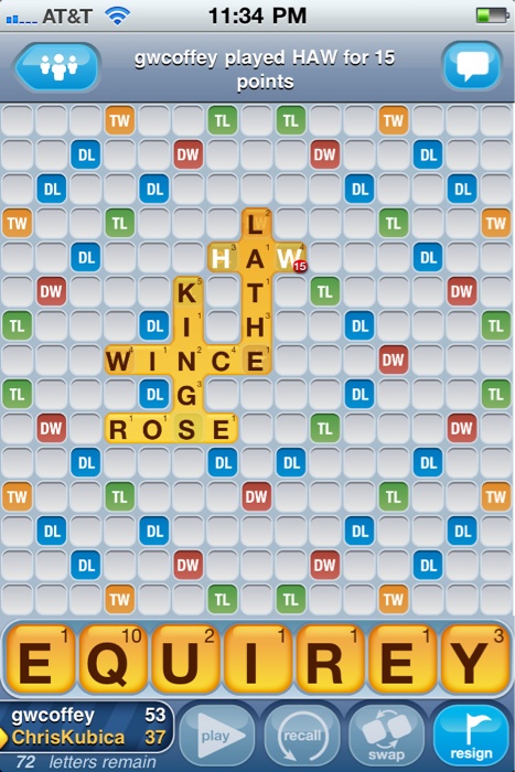 A screenshot of the game Words With Friends. The player has the letters to spell 'REQUIRE' with a triple word score plus a triple letter score on the Q. But the board is one row too short to accept it.