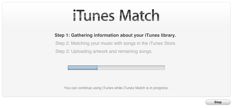 A screenshot of iTunes processing my music for iTunes Match.