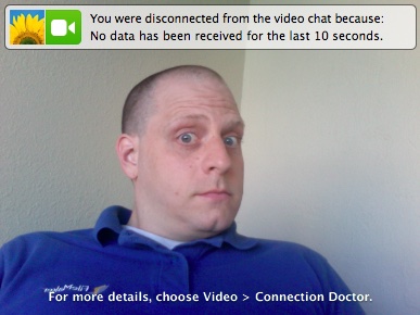 A screenshot of a video chat window. There is a message that says the chat has disconnected. The man has a surprised and confused look on his face.