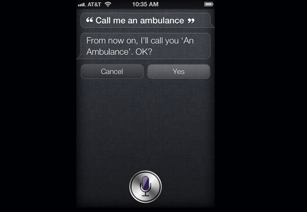 A screenshot of the Siri interface on iPhone. The user has said "Call me an ambulance" and Siri has replied "From now on I'll call you 'an ambulance'. Ok?".