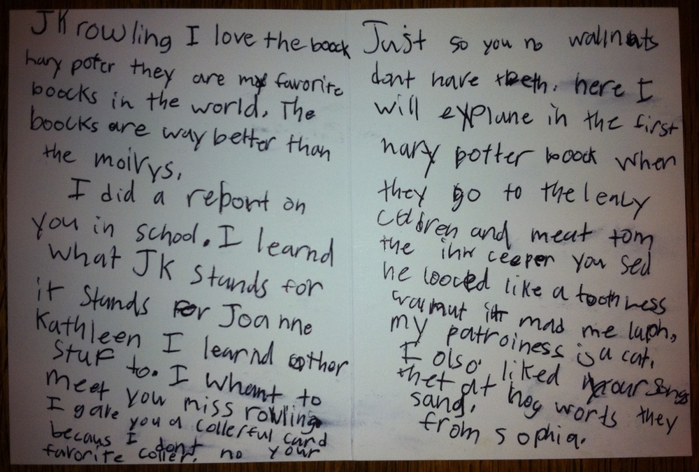 A photograph of a letter written in black ink in an uneven child's handwriting. (The full text is reproduced below.)