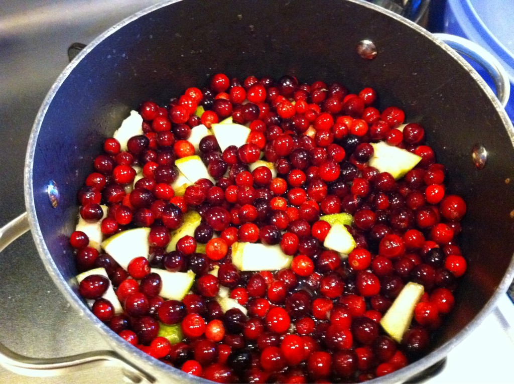 A large pot filled about half way with cranberries and diced pears. It sits on the stove but does not appear to be cooking yet.