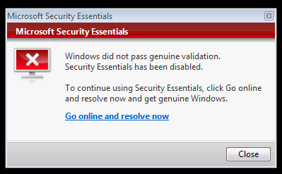 A windows alert box warning that the security system has been disabled because the operating system did not pass "genuine validation".