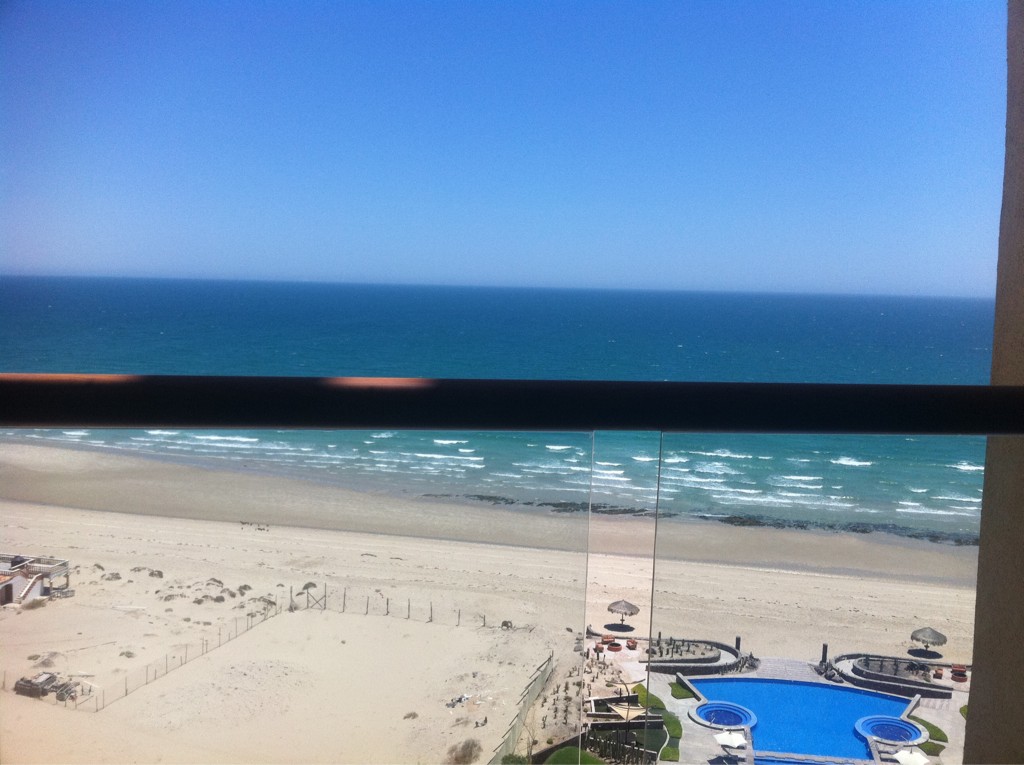 The view from a high floor balcony of the infinite horizon over the sea. An empty strip of beach can be seen low in the frame, an empty pool barely visible.