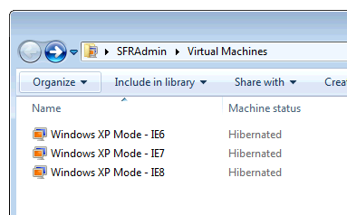 A screenshot of Windows Explorer showing three "Virtual Machine" files: Windows XP Mode IE6, Windows XP Mode IE7 and Windows XP Mode IE8.