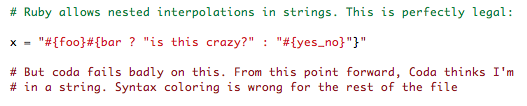 A screenshot of Ruby code showing syntax highlighting treating a comment as a string after complex string interpolation.