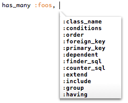 A mockup of code completion suggestions for ActiveRecord "has_many" options.