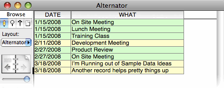 The same database window, this time with each row colored either green or yellow. The first three rows are green because they have the same date. On the fourth row, where the date has changed, the color has changed to yellow. The colors alternate every time a row has a different date from the row before.