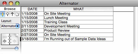 Screenshot of a database window showing a table with columns "Date" and "What". There are several rows of data sorted by the date. The first three rows have the same date. There are two other groups of rows with matching dates.