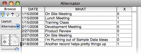 The same database window, with a third column added called "X". This column shows a 1 if the row above has the same date as the current row, and a 0 otherwise.