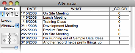 The same database window again. Now the third column has a 0 in the first three rows, then switches to a 1. This alternates as the date value changes.