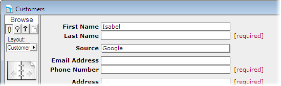 The same database window. This time the First Name and Email Address fields have data in them and the "[required]" labels by those fields no longer show.