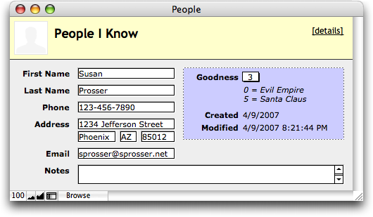 Screenshot of a simple contact manager database. It has a note field that is only two lines tall, and an email address that almost doesn't fit in the field.