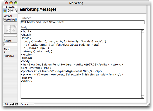 Screenshot of a simple FileMaker database window showing two fields: "Subject" and "Body". The Body field is large and contains a lot of HTML.