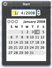 Screenshot of a dark floating window with a date field and calendar display you can click on to select a date instead.