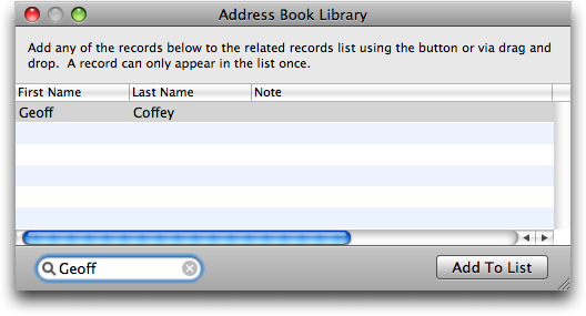 Screenshot of an "Address Book Library" window showing a list of people and a search box. I have searched for "Geoff" and the list includes me.