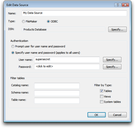 Screenshot of the Edit Data Source window in FileMaker. It has many options, buttons, and input fields.