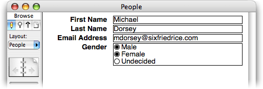 A FileMaker database window with "Gender" radio buttons. Both "Male" and "Female" are selected.