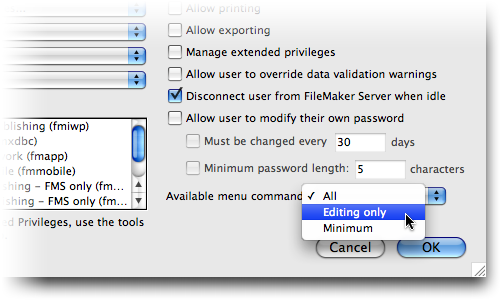 Screenshot of part of the Accounts & Privileges window showing the user selecting "Editing Only" from the "Available menu commands" pop-up menu.