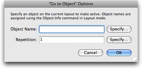 The "To To Object Options" window in FileMaker. It has two input fields: "Object Name" and "Repetition". Each input field has a "Specify" button next to it.