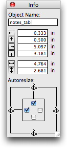 FileMaker's Object Info palette, showing, among other things, an input field at the very top labeled "Object Name".