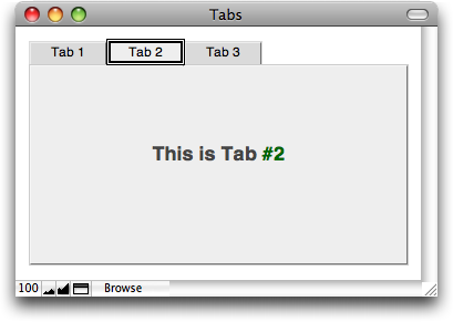 A FileMaker database with a three-tab tab control. (IN this illustration the tabs are empty.) The middle tab has a thick black border indicating it has keyboard focus.