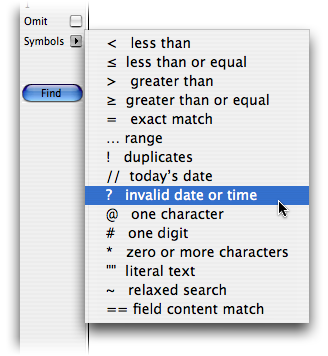 Detail of the Status are in a FileMaker window with the Symbols menu open. It shows a list of many different symbols and their short decriptions. (These symbols are all explained further in this article.)