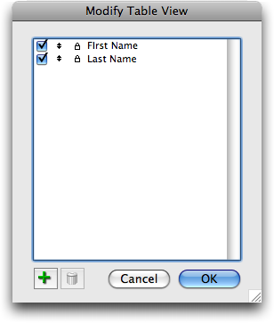 A window called "Modify Table View" showing a list of fields with checkboxes by each one, and an Add button.