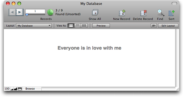 The same database window, but now it shows a Mac OS X style toolbar at the top of the page instead of the Status area along the side. In this case the Layout popup has more space so the full name is displayed: "My Database".