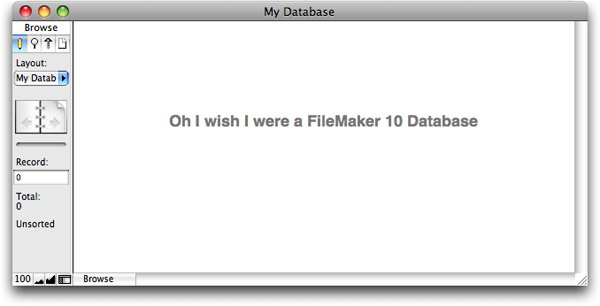 A FileMaker window with the FileMaker 9-style Status area sidebar. Of note, the Layout popup says "My Datab"— the layout name is cut off.