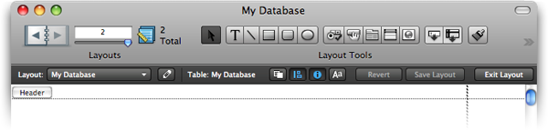 Detail of the toolbar when in Layout mode. A dark grey bar rests under the toolbar and offers information about the layout and buttons and tools for working with layouts.