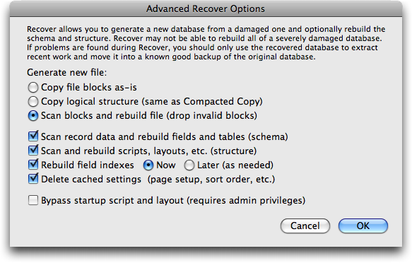 A window titled Advanced Recover Options with several radio buttons and checkboxes to select from.