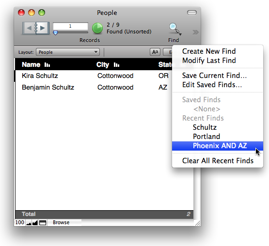 Detail of a database window where the user has held the mouse button down on the Find button in the toolbar, revealing a popup menu of recent searches they've performed, and options to save them.