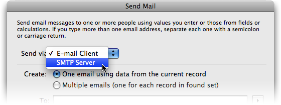 Detail of the Send Email dialog box showing the new "Send via SMTP Server" option.