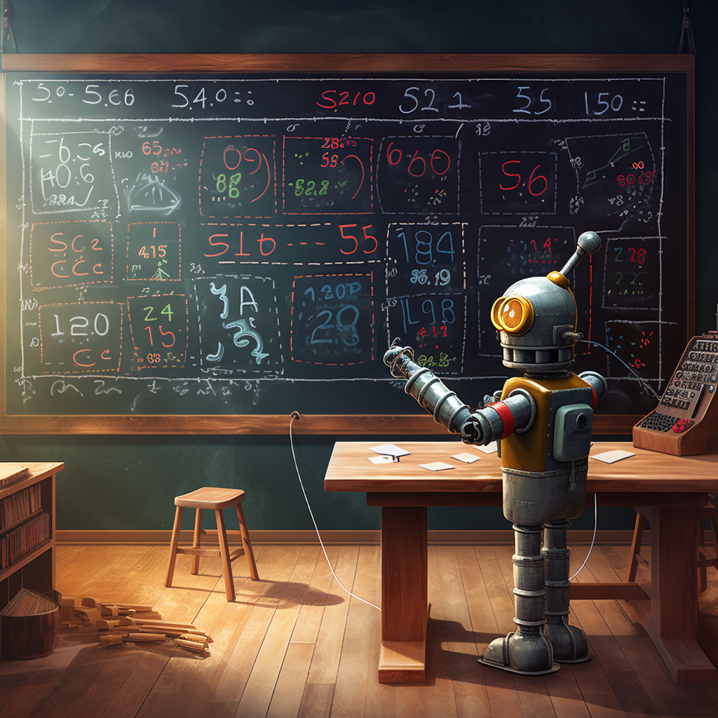 A retro-future steel robot stands at a table before a blackboard. The blackboard is covered in numbers and symbols.