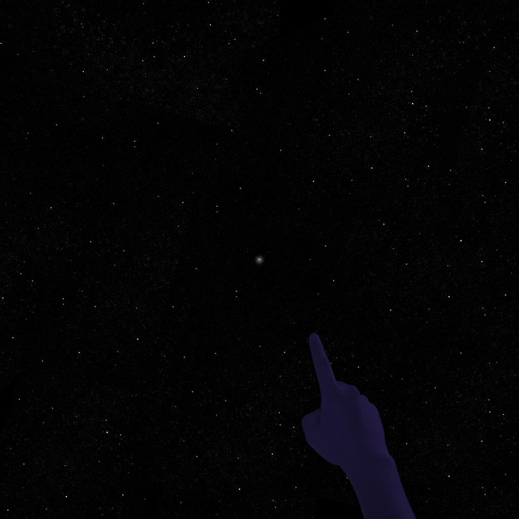 A black night sky with sparse stars. One star in the center is a little fatter, a little fuzzier than the rest. A faint hand points towards it.